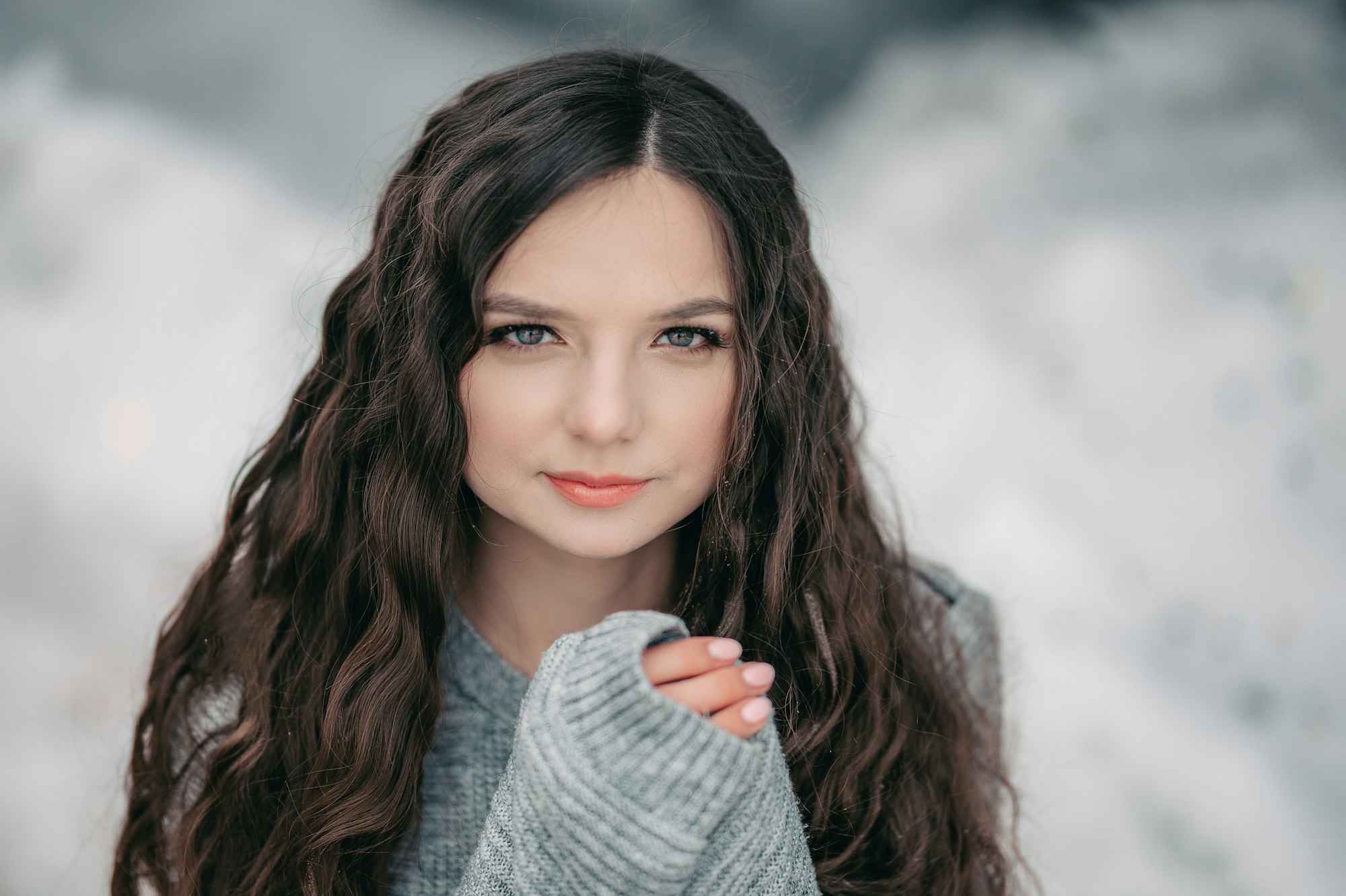 beautiful girl long hair winter close up portrait