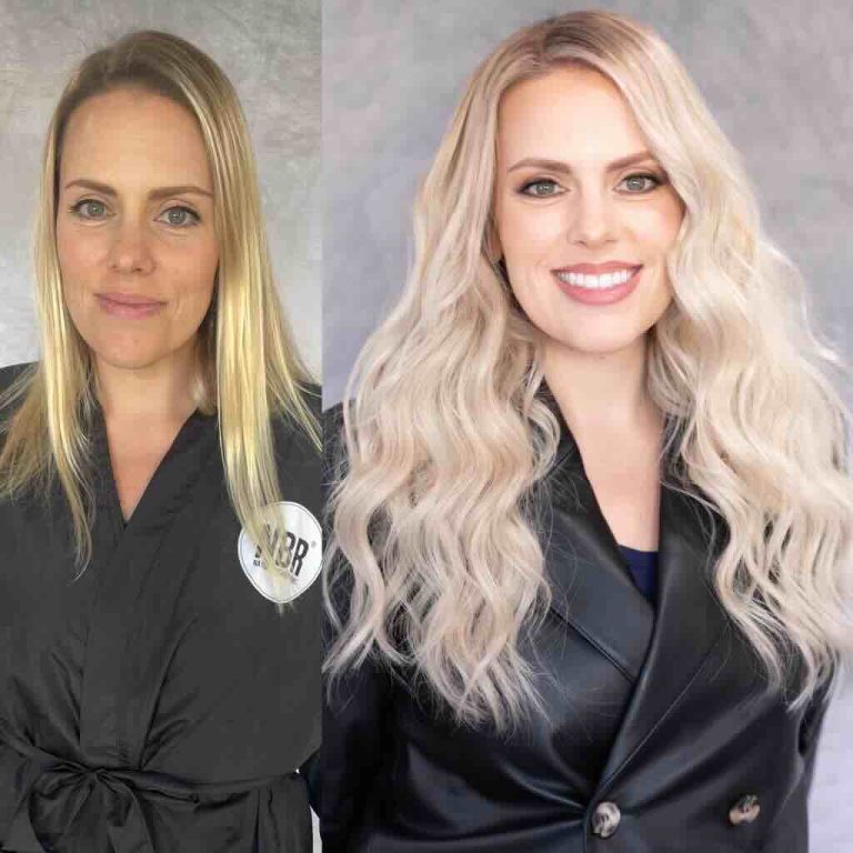 Before-and-after of a transformative hand-tied hair extension install at Vamp Salon in Brentwood, CA