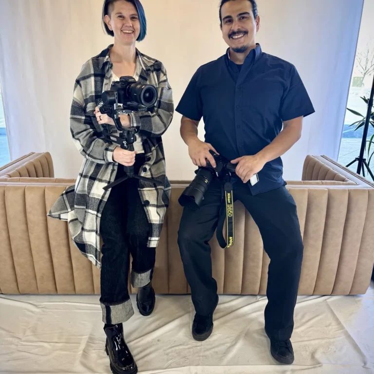 James Creston and Erin Bulger on set during a Vamp Salon hair-model photoshoot in Brentwood