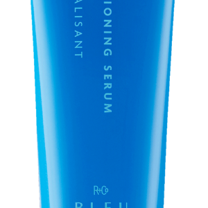 Blue squeeze tube of deep conditioning serum with vertical white text along the tube, branding 'BLEU' and small 'R+CO' logo near the bottom.