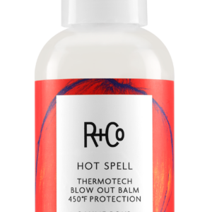 R+Co Hot Spell blow-out balm bottle with red label and white pump dispenser (124 ml/4.2 fl oz)