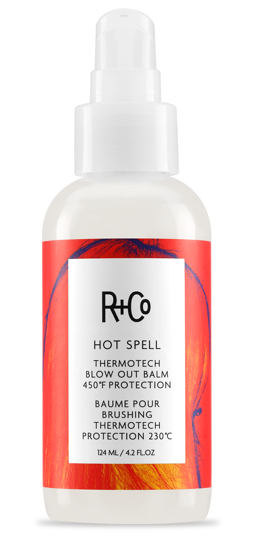 HOT SPELL ThermoTech Blow Out Balm 450° F Protection - R+Co available at Vamp Salon Brentwood - Vamp Salon Extension Studio R+Co Hot Spell blow-out balm bottle with red label and white pump dispenser (124 ml/4.2 fl oz)