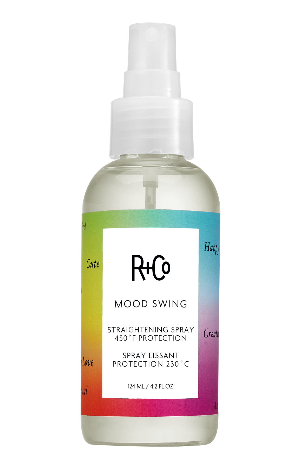 MOOD SWING Straightening Spray 450° F Protection - R+Co available at Vamp Salon Brentwood - Vamp Salon Extension Studio R+Co Mood Swing straightening spray bottle with a rainbow gradient label and white pump cap