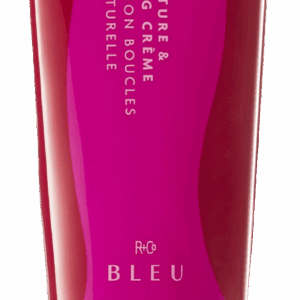 Bright pink squeeze bottle of curl-defining cream with a pink cap and white text reading BLEU and product details on the label.
