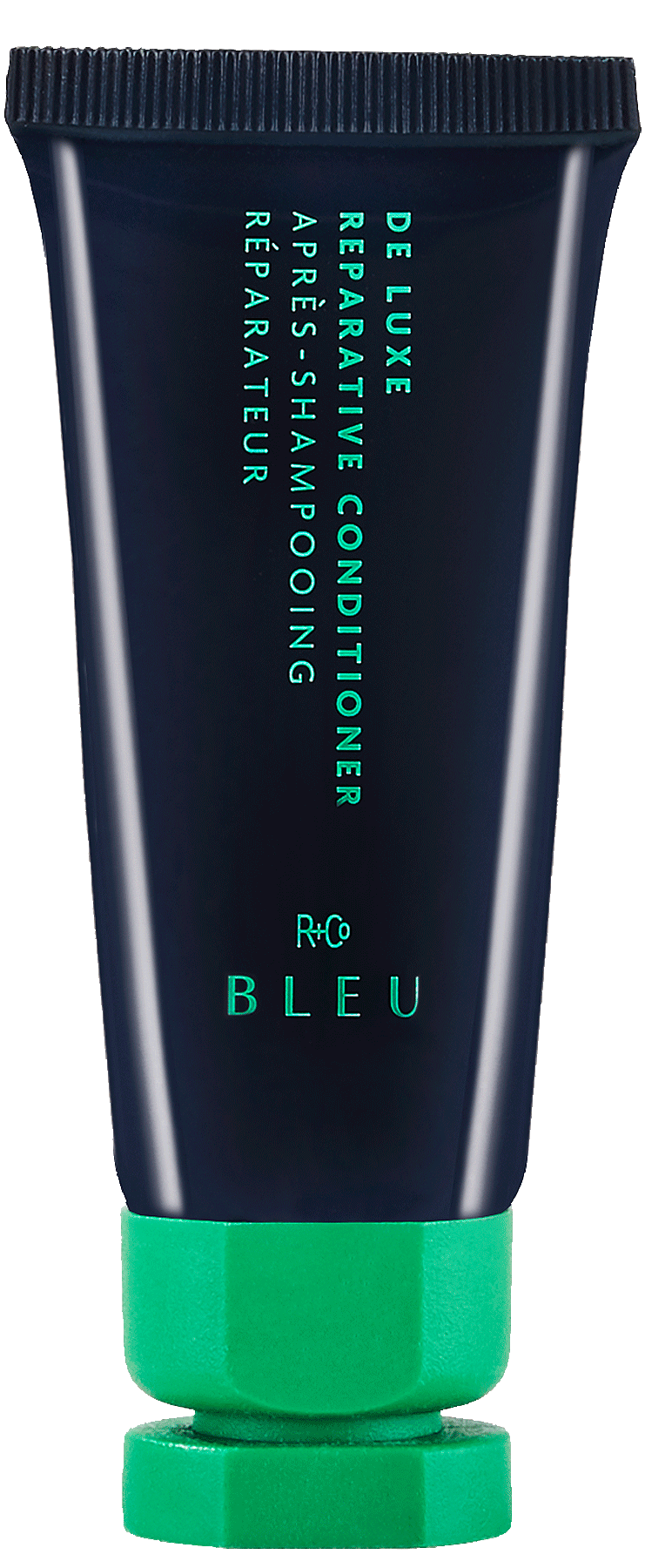 DE LUXE REPARATIVE CONDITIONER - Mini - R+Co available at Vamp Salon Brentwood - Vamp Salon Extension Studio Dark blue squeeze tube with a bright green cap, labeled R+Co Bleu and 'De Luxe Reparative Conditioning' on the front.