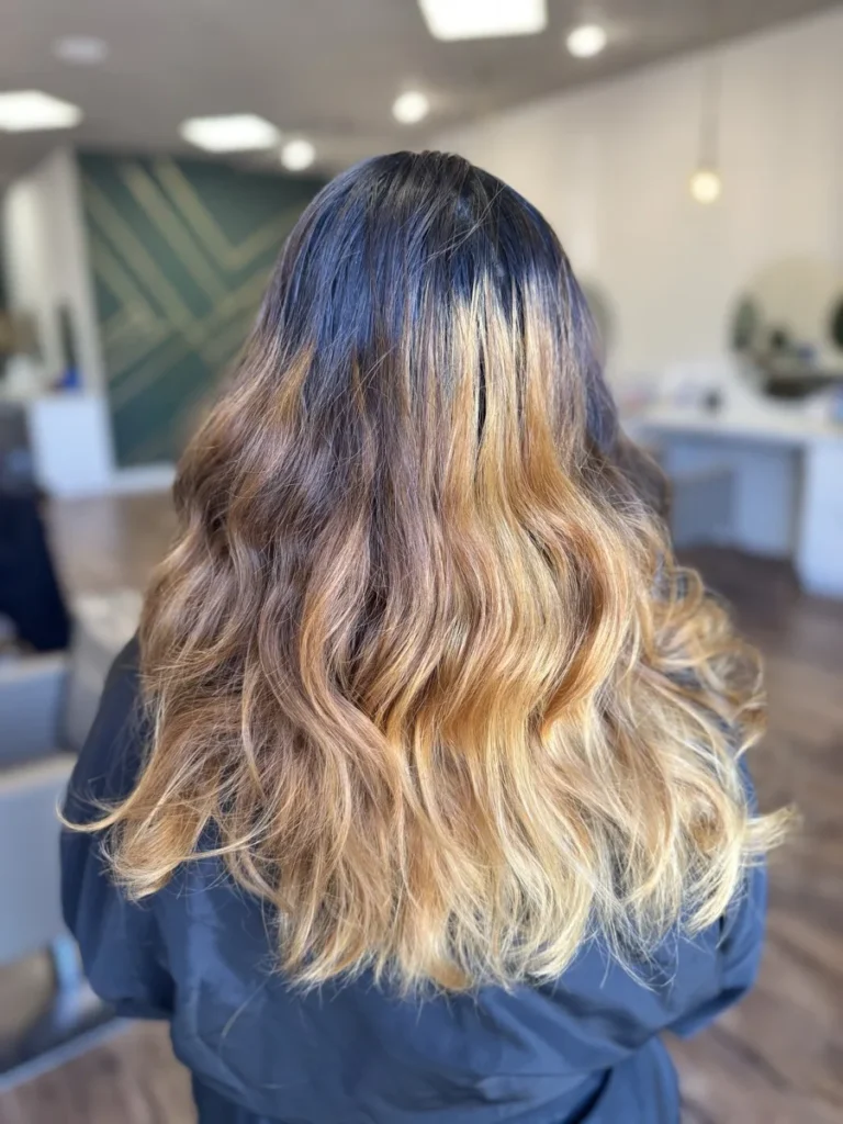 Before color correction at Vamp Salon — grown-out roots and brassy, uneven ombre, color correction Brentwood, CA