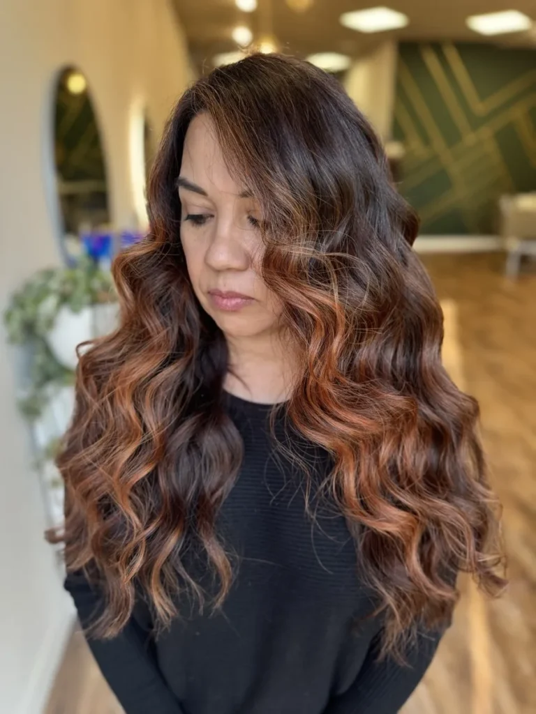 After a hair color transformation at Vamp Salon in Brentwood, CA — warm, dimensional copper balayage