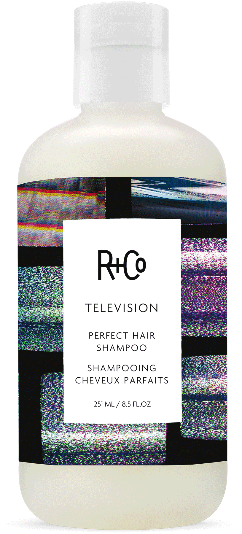 rco-television-perfect-hair-shampoo - Vamp Salon Extension Studio R+Co Television Perfect Hair Shampoo bottle with a white label and abstract colorful artwork, 251 ml / 8.5 fl oz